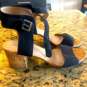 Merona black 2 3/4”-3” cork looking heels, textured material, buckle ankle strap